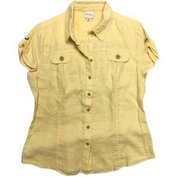 Merona Top 100% Linen Button Front Short Sleeve Camp Shirt Women's M Yellow - Picture 1 of 8